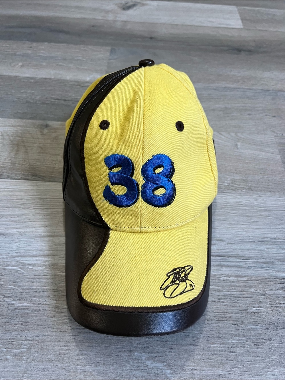 Vintage Elliott Sadler 38 M&Ms Racing Hat NASCAR Y2K Yellow Leather Spellout Cap
